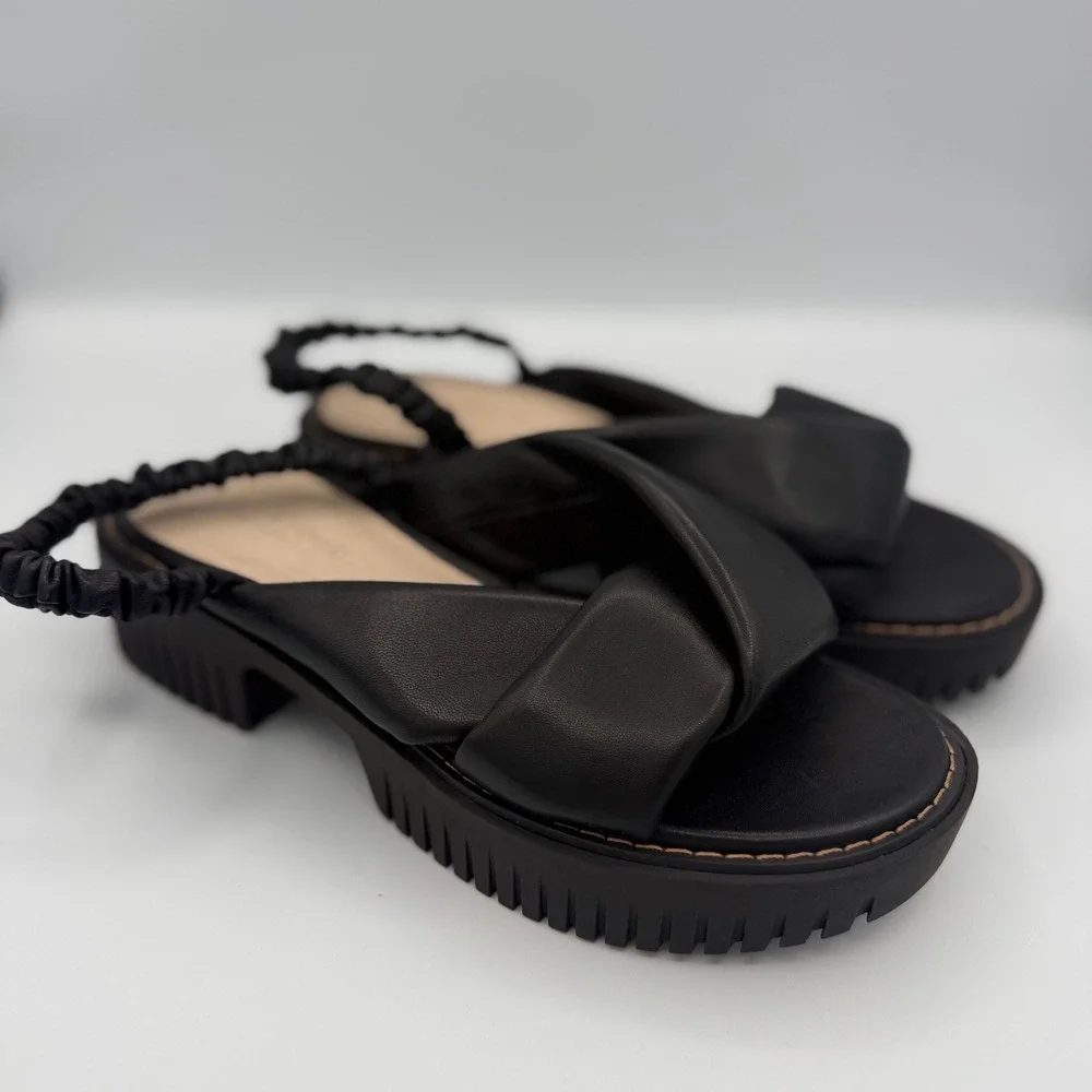 Liverpool Platform Sandals‎ Womens Black Leather Lug Sole Slingback Minimalist